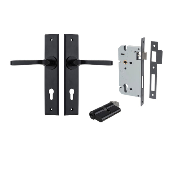 Door Lever Annecy Chamfered Euro Pair Matt Black CTC85mm L117xP65mm BPH240xW50mm Mortice Lock Euro Matt Black CTC85mm Backset 60mm, Euro Cylinder Dual Function 5 Pin Matt Black 65mm KA4 in Matt Black