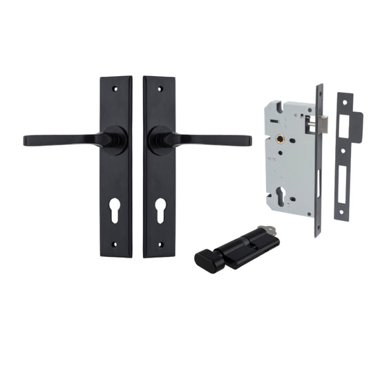 Door Lever Annecy Chamfered Euro Pair Matt Black CTC85mm L117xP65mm BPH240xW50mm, Mortice Lock Euro Matt Black CTC85mm Backset 60mm, Euro Cylinder Key Thumb 5 Pin Matt Black 65mm KA4 in Matt Black