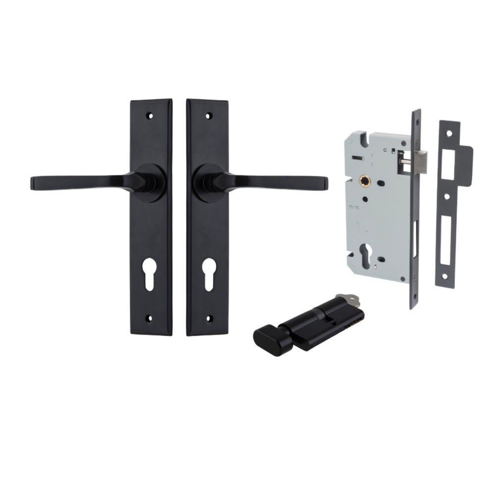 Pair of Iver Annecy lever door handles with chamfered backplates, featuring a sleek, modern design in a natural finish.