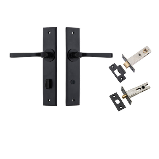 Door Lever Annecy Chamfered Privacy Matt Black CTC85mm L117xP65mm BPH240xW50mm Privacy Kit Tube Latch Split Cam 'T' Striker Matt Black Backset 60mm, Privacy Bolt Round Bolt Matt Black Backset 60mm in Matt Black