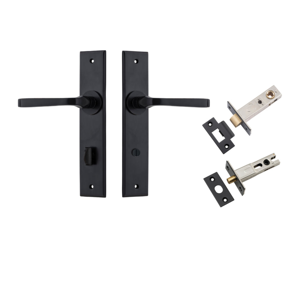 Pair of Iver Annecy lever door handles on chamfered backplates, showcasing sleek design in a polished finish.