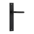 Pair of Iver Oslo Lever handles on rectangular backplates, architectural hardware for doors, with a sleek, modern design.