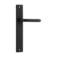 Pair of Iver Oslo Lever handles on rectangular backplates, architectural hardware for doors, with a sleek, modern design.