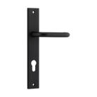 Pair of Iver Oslo lever handles on rectangular backplates, architectural hardware for doors, with a sleek, modern design.