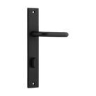Pair of Iver Oslo Lever handles on rectangular backplates, decorative architectural hardware for doors, in a sleek modern design.