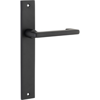Pair of Iver Baltimore return levers on rectangular backplates, showcasing sleek design and polished finish for door hardware.