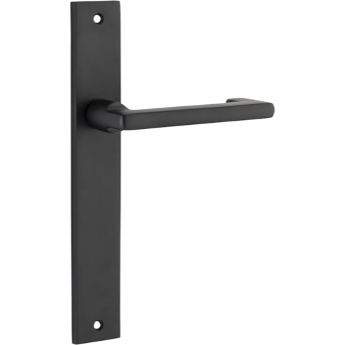 Pair of Iver Baltimore return levers on rectangular backplates, showcasing sleek design and polished finish for door hardware.