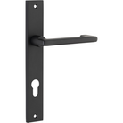 Pair of Iver Baltimore return lever handles on rectangular backplates, featuring a sleek, modern design for doors.