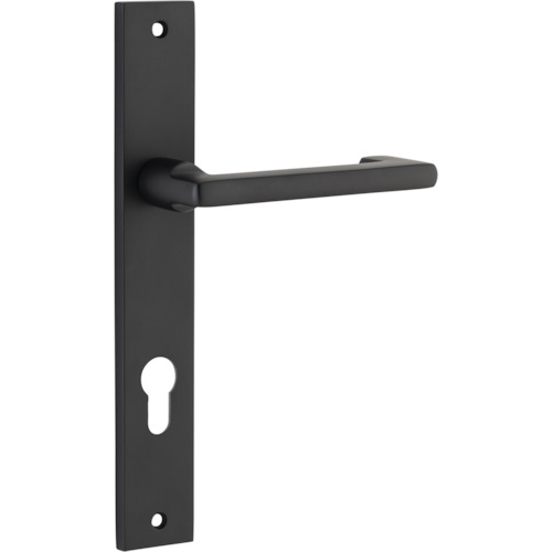 Pair of Iver Baltimore return lever handles on rectangular backplates, featuring a sleek, modern design for doors.