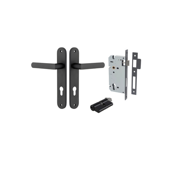 Door Lever Osaka Oval Euro Pair Matt Black CTC85mm H240xW40xP55mm Entrance Kit Mortice Lock Euro Matt Black CTC85mm Backset 60mm, Euro Cylinder Dual Function 5 Pin Matt Black L65mm KA1 in Matt Black