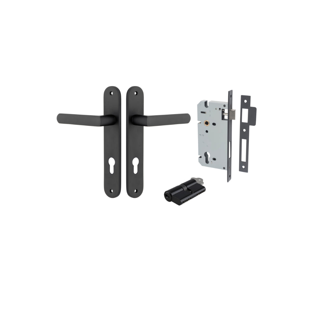 Door Lever Osaka Oval Euro Pair Matt Black CTC85mm H240xW40xP55mm Entrance Kit Mortice Lock Euro Matt Black CTC85mm Backset 60mm, Euro Cylinder Dual Function 5 Pin Matt Black L65mm KA1 in Matt Black