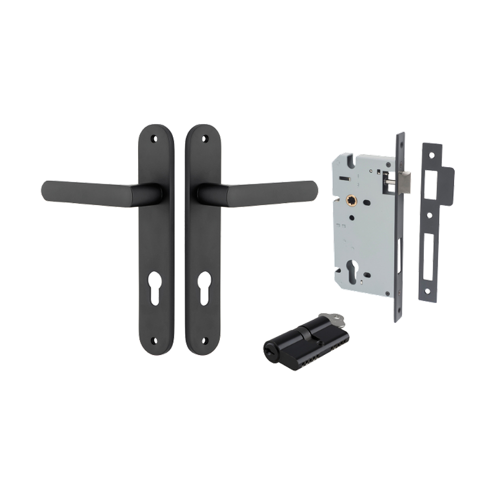 Door Lever Osaka Oval Euro Pair Matt Black CTC85mm H240xW40xP55mm Entrance Kit Mortice Lock Euro Matt Black CTC85mm Backset 60mm, Euro Cylinder Dual Function 5 Pin Matt Black L65mm KA1 in Matt Black