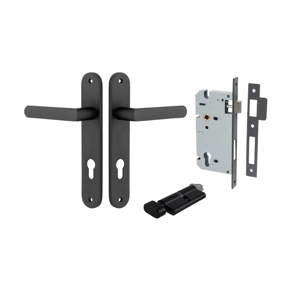 Door Lever Osaka Oval Euro Pair Matt Black CTC85mm H240xW40xP55mm Entrance Kit Mortice Lock Euro Matt Black CTC85mm Backset 60mm, Euro Cylinder Key Thumb 6 Pin Matt Black L70mm KA1 in Matt Black