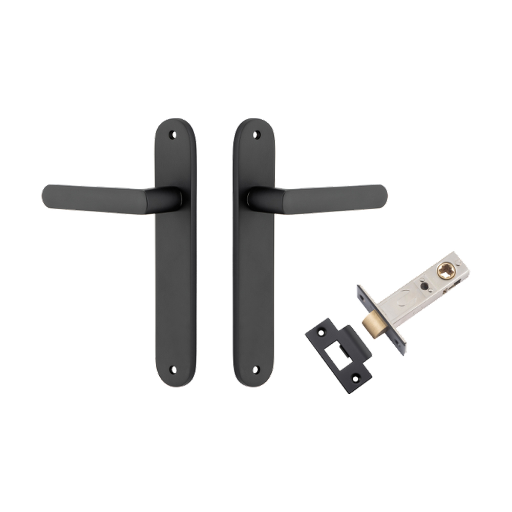 Door Lever Osaka Oval Latch Pair Matt Black H240xW40xP55mm Passage Kit Tube Latch Split Cam 'T' Striker Matt Black Backset 60mm in Matt Black
