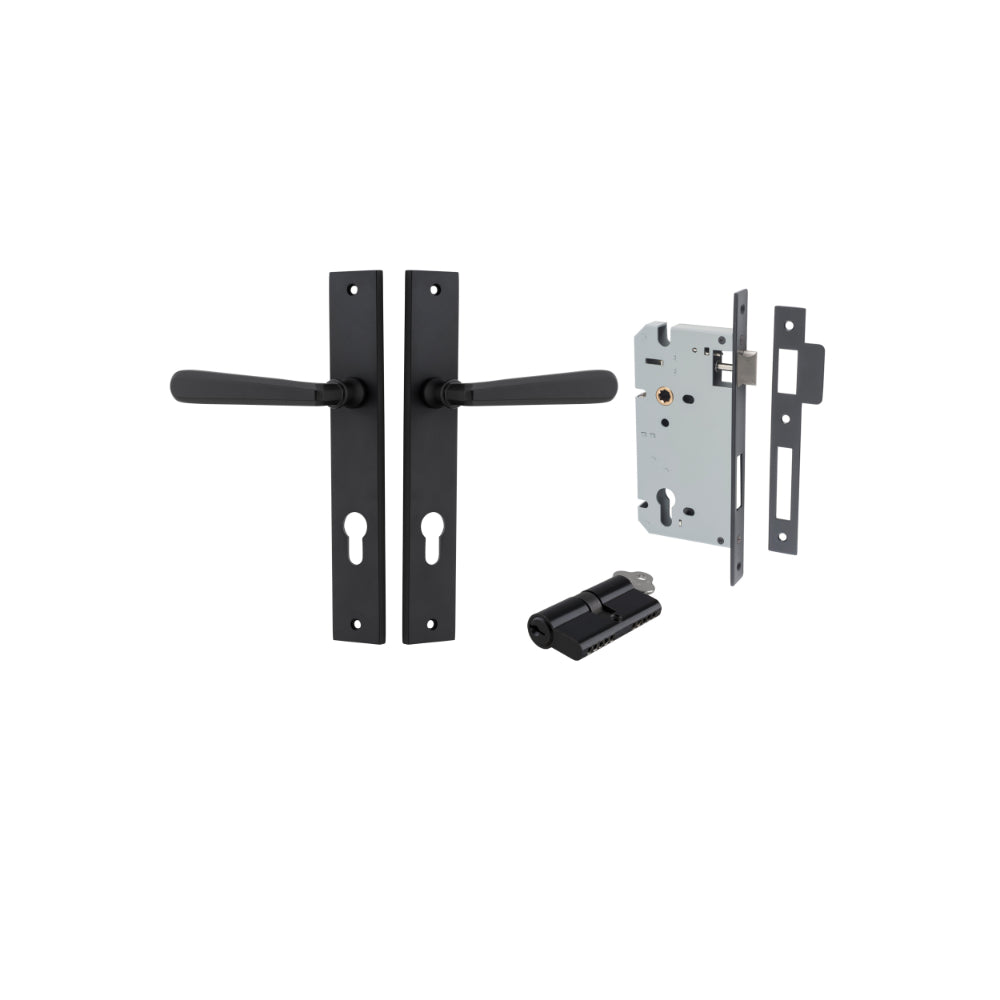 Door Lever Copenhagen Rectangular Euro Pair Matt Black CTC85mm H240xW38xP61mm Entrance Kit, Mortice Lock Euro Matt Black CTC85mm Backset 60mm, Euro Cylinder Dual Function 5 Pin Matt Black L65mm KA1 in Matt Black