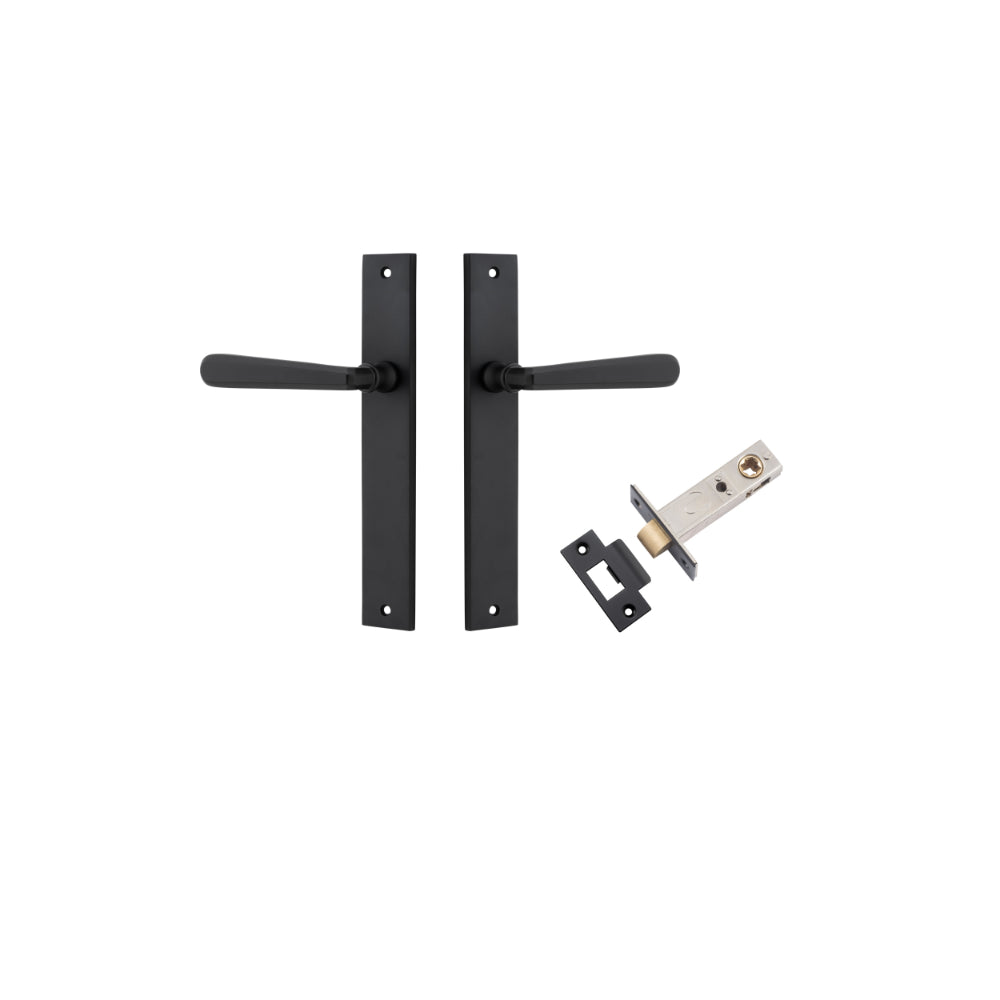 Door Lever Copenhagen Rectangular Latch Pair Matt Black H240xW38xP61mm Passage Kit, Tube Latch Split Cam 'T' Striker Matt Black Backset 60mm in Matt Black
