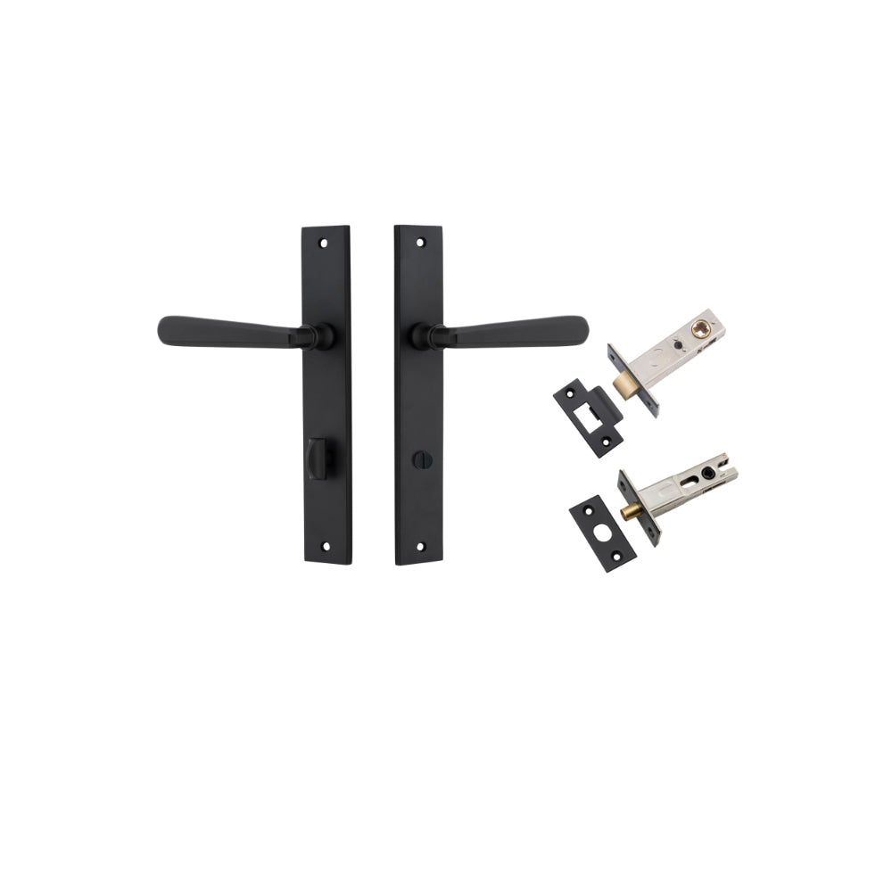 Door Lever Copenhagen Rectangular Privacy Pair Matt Black CTC85mm H240xW38xP61mm Inbuilt Privacy Kit, Tube Latch Split Cam 'T' Striker Matt Black Backset 60mm, Privacy Bolt Round Bolt Matt Black Backset 60mm in Matt Black