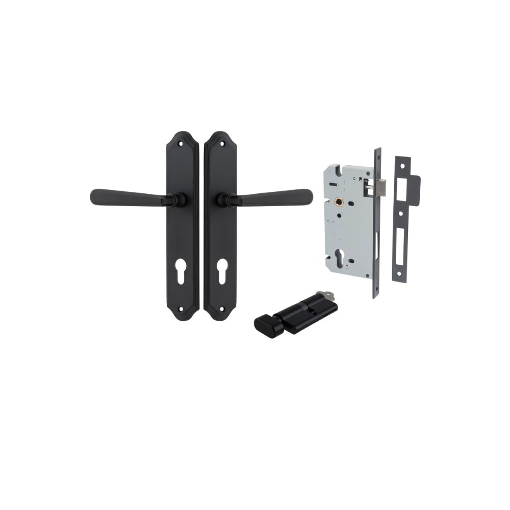 Door Lever Copenhagen Shouldered Euro Pair Matt Black CTC85mm H250xW48xP61mm Entrance Kit Mortice Lock Euro Matt Black CTC85mm Backset 60mm, Euro Cylinder Key Thumb 6 Pin Matt Black L70mm KA1 in Matt Black