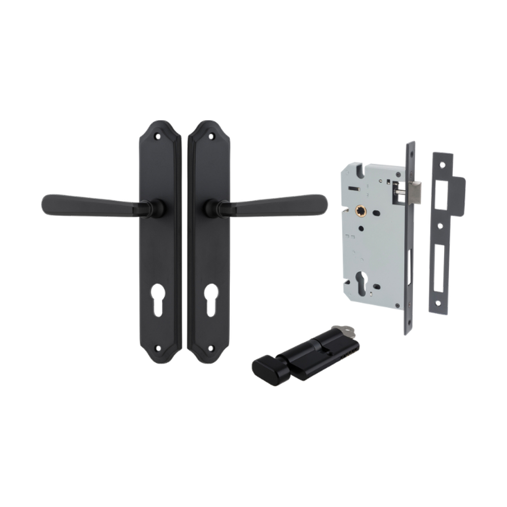 Door Lever Copenhagen Shouldered Euro Pair Matt Black CTC85mm H250xW48xP61mm Entrance Kit Mortice Lock Euro Matt Black CTC85mm Backset 60mm, Euro Cylinder Key Thumb 6 Pin Matt Black L70mm KA1 in Matt Black