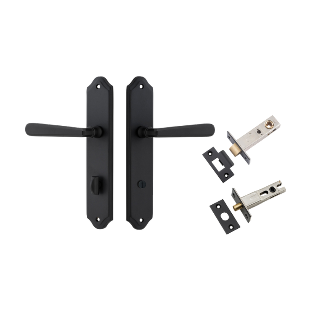 Door Lever Copenhagen Shouldered Privacy Pair Matt Black CTC85mm H250xW48xP61mm Inbuilt Privacy Kit Tube Latch Split Cam 'T' Striker Matt Black Backset 60mm, Privacy Bolt Round Bolt Matt Black Backset 60mm in Matt Black