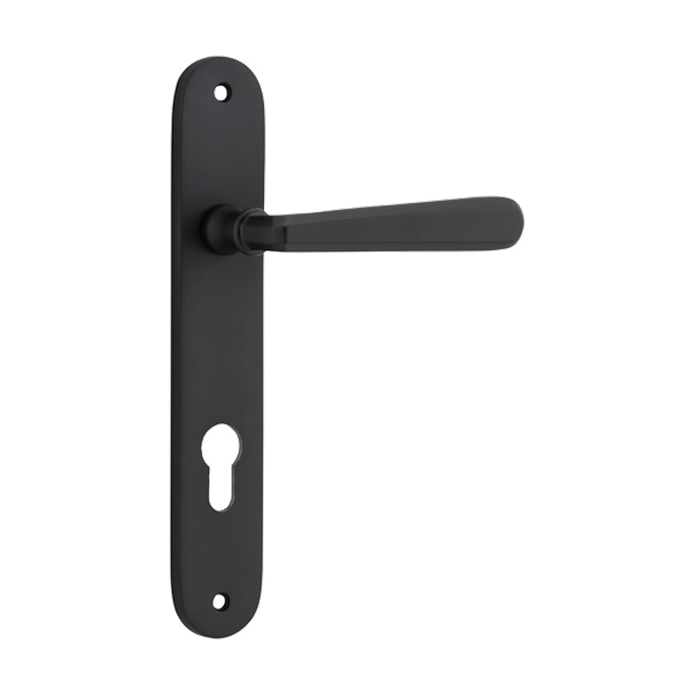 Door Lever Copenhagen Oval Euro Pair Matt Black CTC85mm H240xW40xP61mm in Matt Black