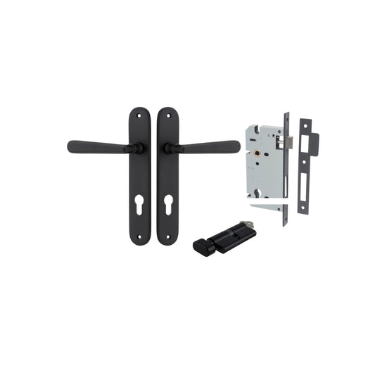 Door Lever Copenhagen Oval Euro Pair Matt Black CTC85mm H240xW40xP61mm Entrance Kit Mortice Lock Euro Matt Black CTC85mm Backset 60mm, Euro Cylinder Key Thumb 6 Pin Matt Black L70mm KA1 in Matt Black