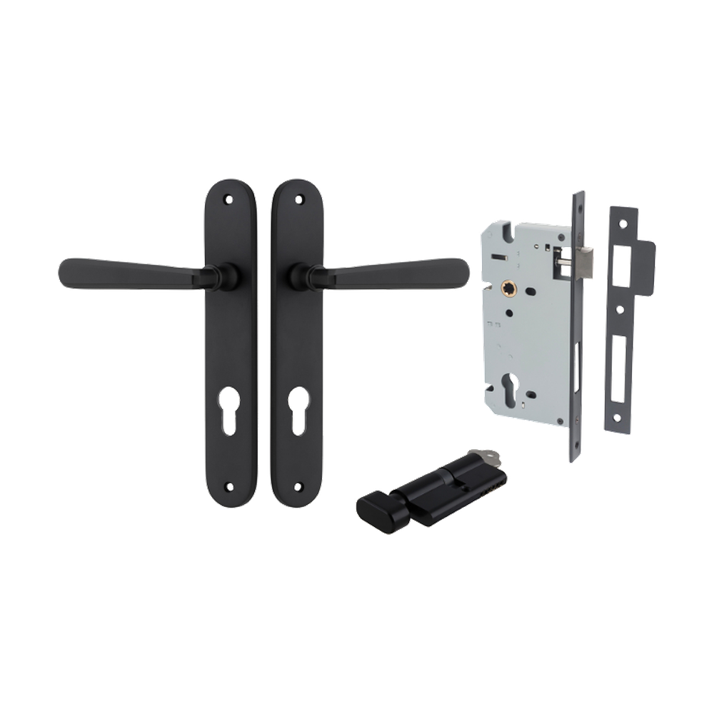 Door Lever Copenhagen Oval Euro Pair Matt Black CTC85mm H240xW40xP61mm Entrance Kit Mortice Lock Euro Matt Black CTC85mm Backset 60mm, Euro Cylinder Key Thumb 6 Pin Matt Black L70mm KA1 in Matt Black