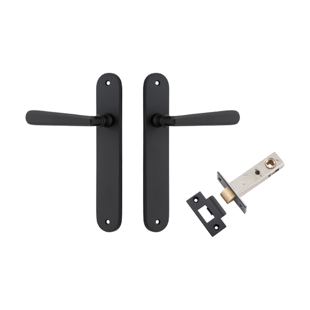 Door Lever Copenhagen Oval Latch Pair Matt Black H240xW40xP61mm Passage Kit Tube Latch Split Cam 'T' Striker Matt Black Backset 60mm in Matt Black