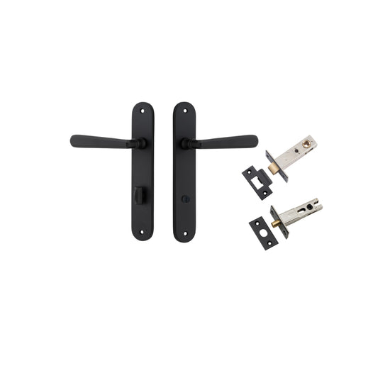 Door Lever Copenhagen Oval Privacy Pair Matt Black CTC85mm H240xW40xP61mm Inbuilt Privacy Kit Tube Latch Split Cam 'T' Striker Matt Black Backset 60mm, Privacy Bolt Round Bolt Matt Black Backset 60mm in Matt Black