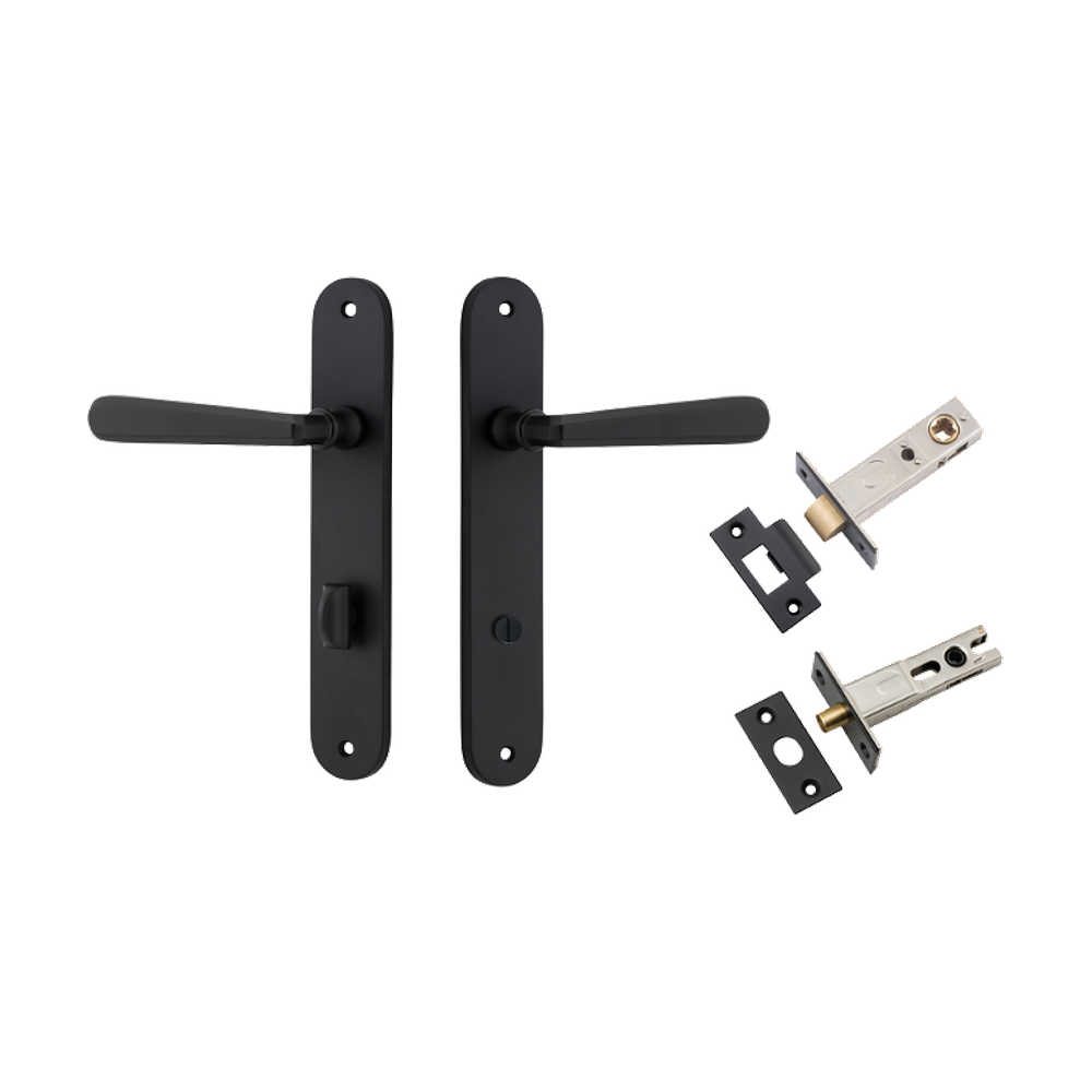 Door Lever Copenhagen Oval Privacy Pair Matt Black CTC85mm H240xW40xP61mm Inbuilt Privacy Kit Tube Latch Split Cam 'T' Striker Matt Black Backset 60mm, Privacy Bolt Round Bolt Matt Black Backset 60mm in Matt Black