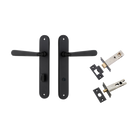 Door Lever Copenhagen Oval Privacy Pair Matt Black CTC85mm H240xW40xP61mm Inbuilt Privacy Kit Tube Latch Split Cam 'T' Striker Matt Black Backset 60mm, Privacy Bolt Round Bolt Matt Black Backset 60mm in Matt Black