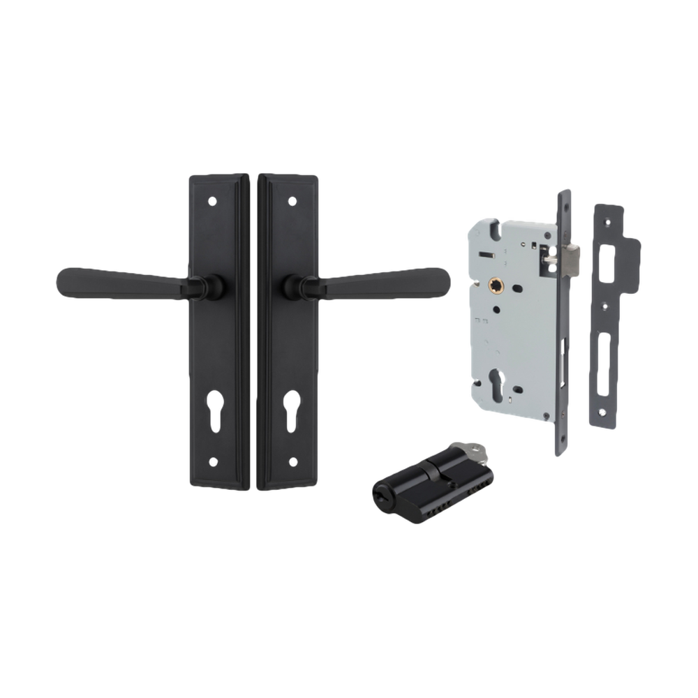 Door Lever Copenhagen Stepped Euro Pair Matt Black CTC85mm H237xW50xP61mm Entrance Kit Mortice Lock Euro Matt Black CTC85mm Backset 60mm, Euro Cylinder Dual Function 5 Pin Matt Black L65mm KA1 in Matt Black