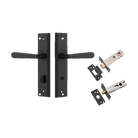 Pair of Iver Copenhagen lever handles on stepped backplates, architectural hardware with modern design, shown in close-up.