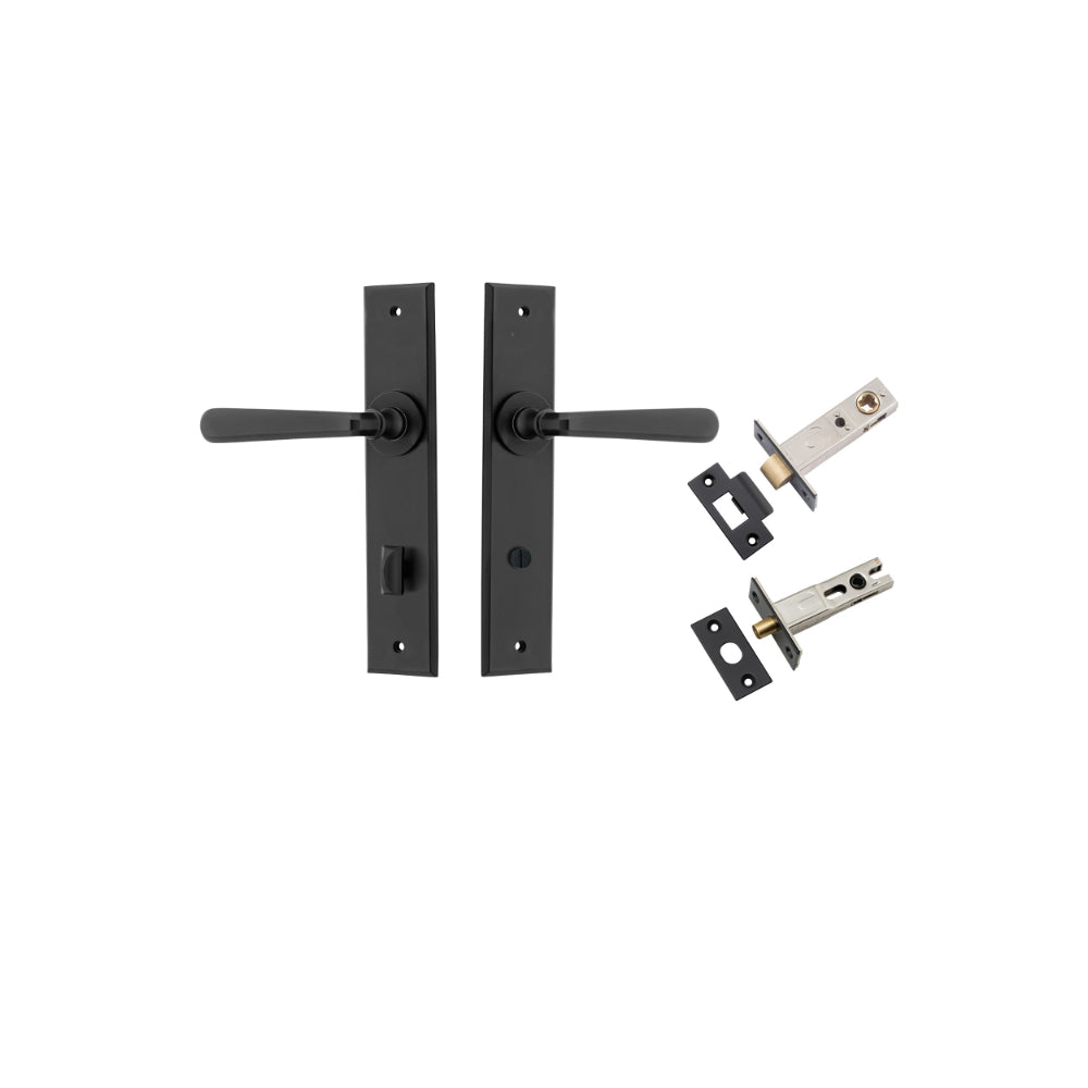 Door Lever Copenhagen Chamfered Privacy Matt Black CTC85mm L120xP59mm BPH240xW50mm Privacy Kit Tube Latch Split Cam 'T' Striker Matt Black Backset 60mm, Privacy Bolt Round Bolt Matt Black Backset 60mm in Matt Black