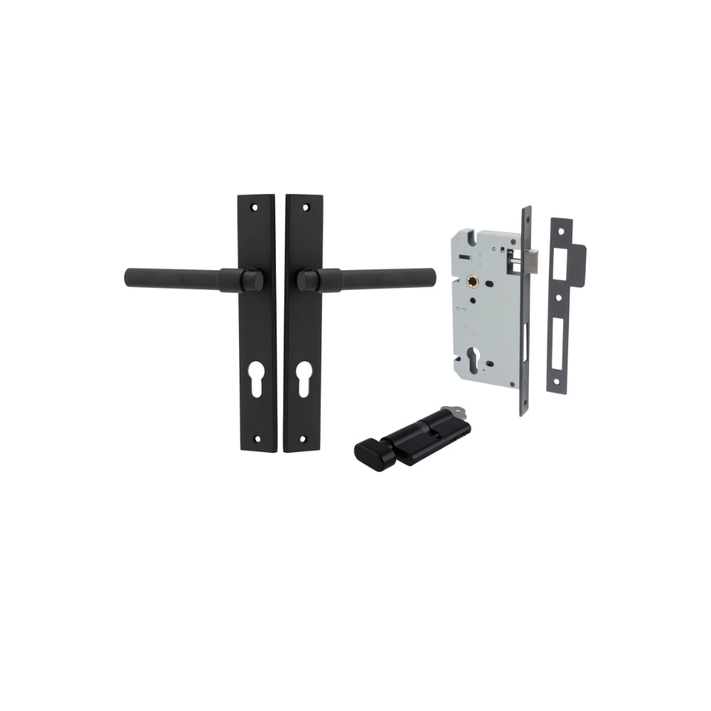 Door Lever Helsinki Rectangular Euro Pair Matt Black CTC85mm H240xW38xP44mm Entrance Kit, Mortice Lock Euro Matt Black CTC85mm Backset 60mm, Euro Cylinder Key Thumb 6 Pin Matt Black L70mm KA1 in Matt Black