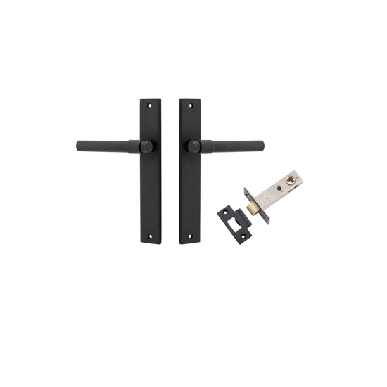 Door Lever Helsinki Rectangular Latch Pair Matt Black H240xW38xP44mm Passage Kit, Tube Latch Split Cam 'T' Striker Matt Black Backset 60mm in Matt Black