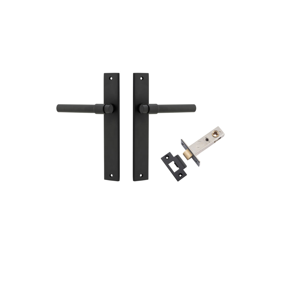 Door Lever Helsinki Rectangular Latch Pair Matt Black H240xW38xP44mm Passage Kit, Tube Latch Split Cam 'T' Striker Matt Black Backset 60mm in Matt Black