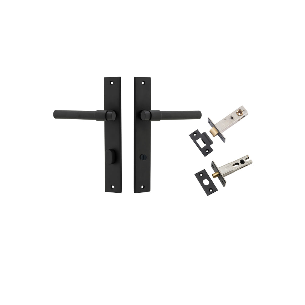 Door Lever Helsinki Rectangular Privacy Pair Matt Black CTC85mm H240xW38xP44mm Privacy Kit, Tube Latch Split Cam 'T' Striker Matt Black Backset 60mm, Privacy Bolt Round Bolt Matt Black Backset 60mm in Matt Black