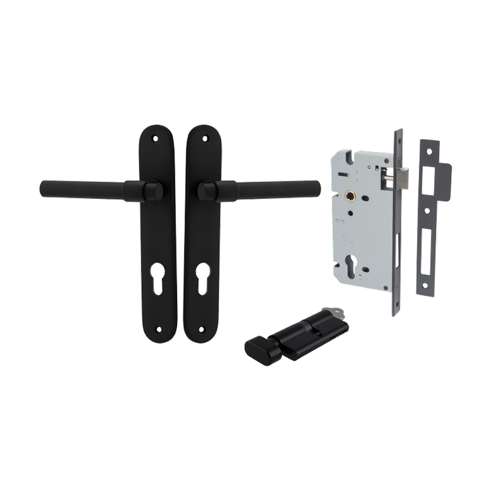 Door Lever Helsinki Oval Euro Pair Matt Black CTC85mm H240xW40xP44mm Entrance Kit Mortice Lock Euro Matt Black CTC85mm Backset 60mm, Euro Cylinder Key Thumb 6 Pin Matt Black L70mm KA1 in Matt Black