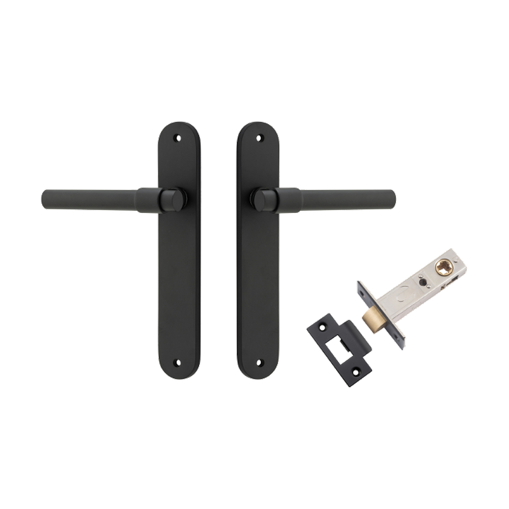 Door Lever Helsinki Oval Latch Pair Matt Black H240xW40xP44mm Passage Kit Tube Latch Split Cam 'T' Striker Matt Black Backset 60mm in Matt Black