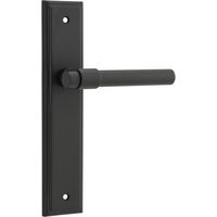 Pair of Iver Helsinki lever door handles on stepped backplates in a modern, brushed metal finish.