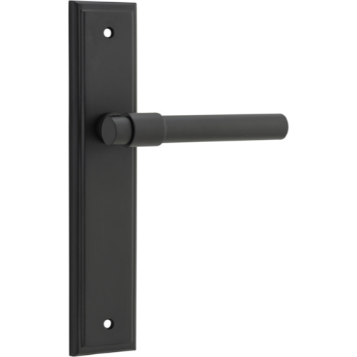 Pair of Iver Helsinki lever door handles on stepped backplates in a modern, brushed metal finish.