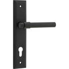 Pair of Iver Helsinki lever door handles on stepped backplate, showcasing modern brushed metal finish and sleek design.