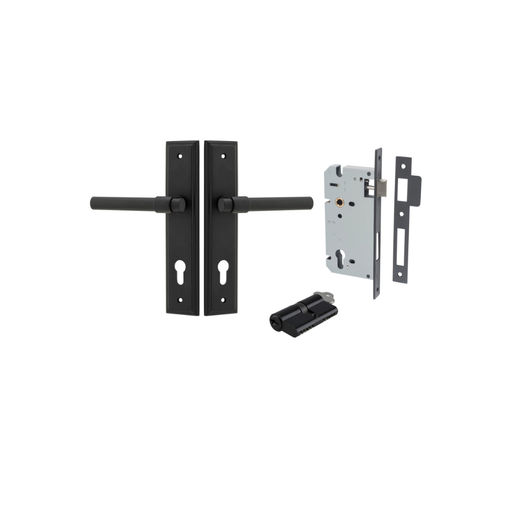 Pair of Iver Helsinki lever door handles on stepped backplates, with a sleek brass finish and modern design.