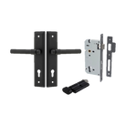 Door Lever Helsinki Stepped Euro Pair Matt Black CTC85mm H237xW50xP44mm Entrance Kit Mortice Lock Euro Matt Black CTC85mm Backset 60mm, Euro Cylinder Key Thumb 6 Pin Matt Black L70mm KA1 in Matt Black