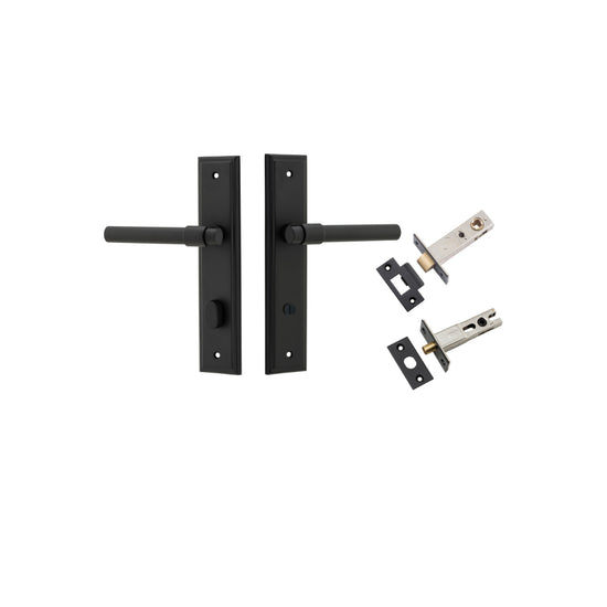 Door Lever Helsinki Stepped Privacy Pair Matt Black CTC85mm H237xW50xP44mm Privacy Kit Tube Latch Split Cam 'T' Striker Matt Black Backset 60mm, Privacy Bolt Round Bolt Matt Black Backset 60mm in Matt Black