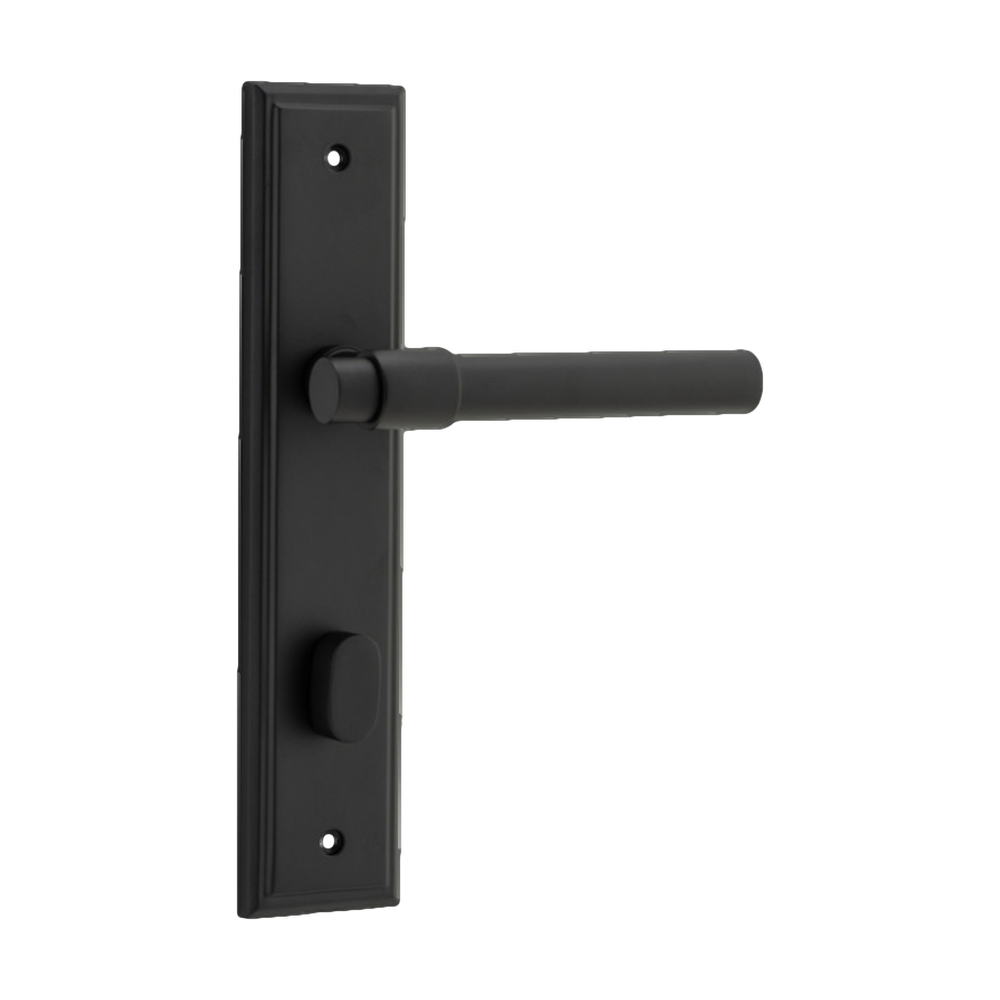 Door Lever Helsinki Stepped Privacy Pair Matt Black CTC85mm H237xW50xP44mm in Matt Black
