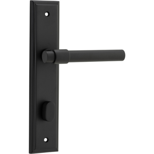 Pair of Iver Helsinki lever door handles on stepped backplates, showcasing sleek, modern design in a close-up view.