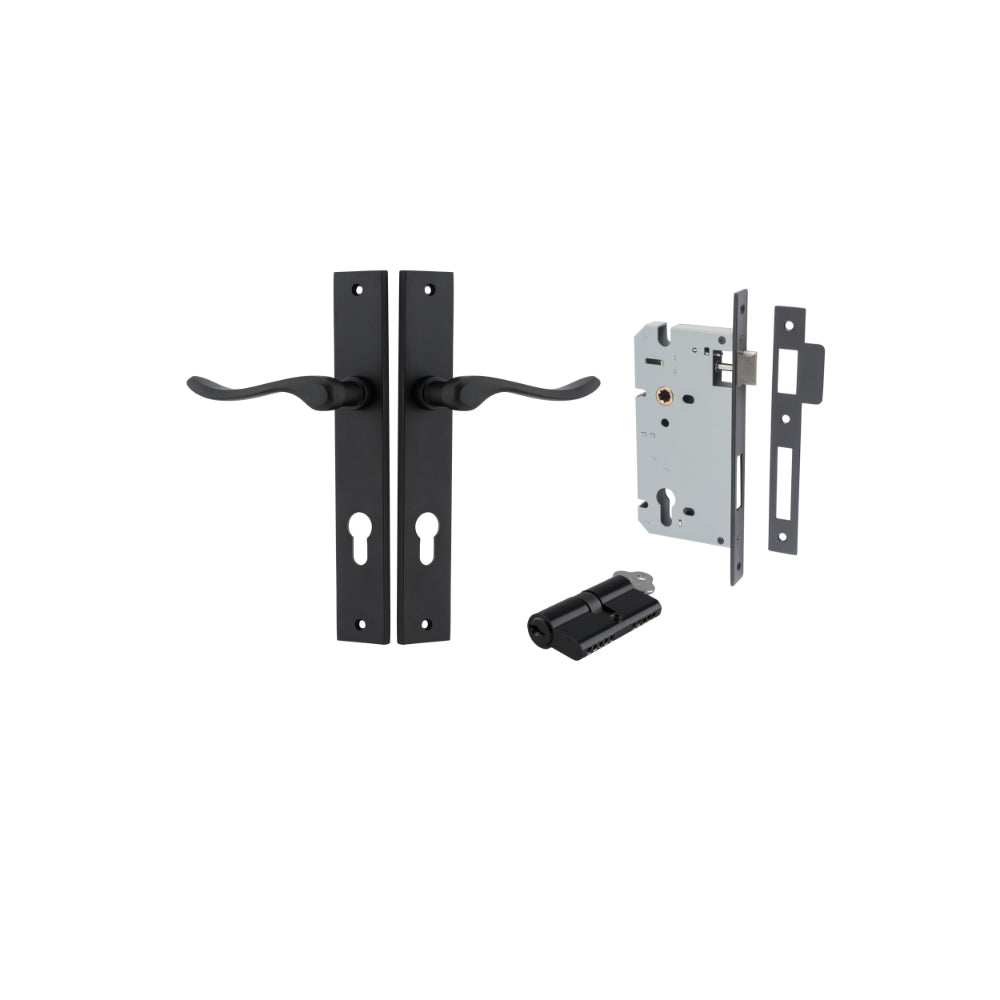 Door Lever Stirling Rectangular Euro Pair Matt Black CTC85mm H240xW38xP64mm Entrance Kit, Mortice Lock Euro Matt Black CTC85mm Backset 60mm, Euro Cylinder Dual Function 5 Pin Matt Black L65mm KA1 in Matt Black