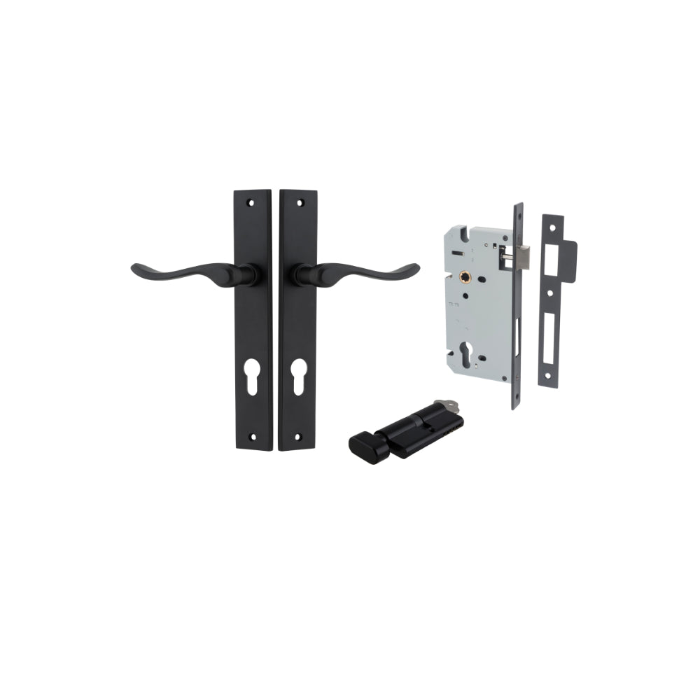 Door Lever Stirling Rectangular Euro Pair Matt Black CTC85mm H240xW38xP64mm Entrance Kit, Mortice Lock Euro Matt Black CTC85mm Backset 60mm, Euro Cylinder Key Thumb 6 Pin Matt Black L70mm KA1 in Matt Black